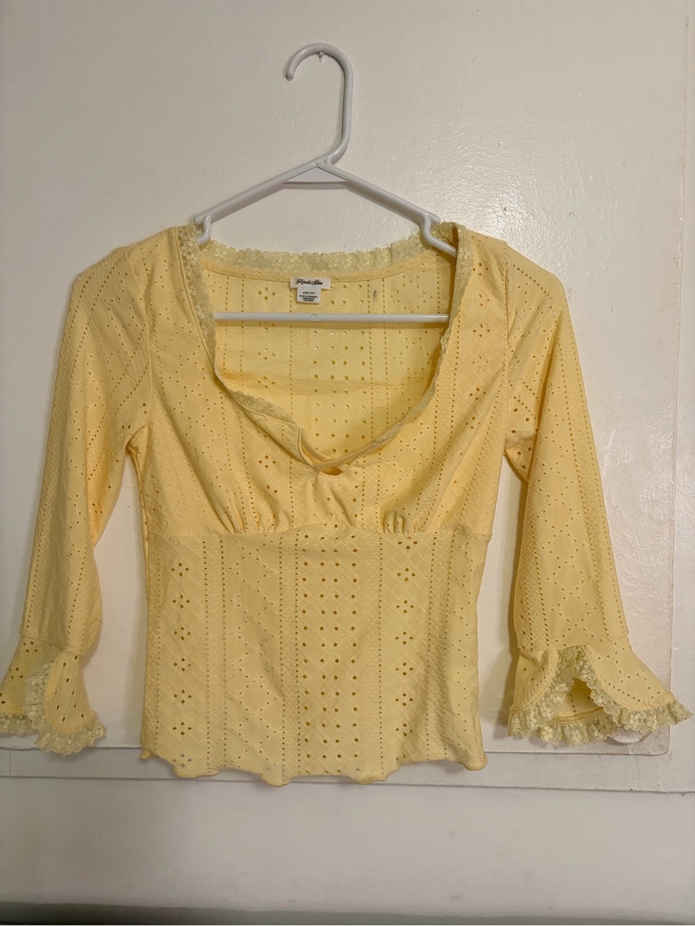 Kimchi Blue Pale Yellow Eyelet Lace-Trim Square Neck Top